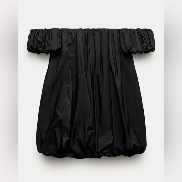 NWT ZARA Off Shoulder Voluminous  XS TAFFETA Black Mini Dress Balloon Dress - Picture 5 of 10